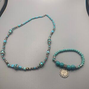 Turquoise Silver Tone Necklace & Bracelet Set